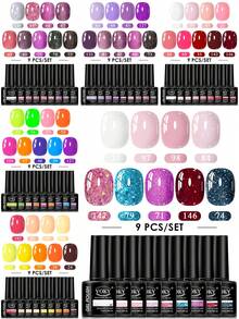 VOKY 9色新款秋冬暖色调凝胶指甲油套装，包含裸棕色、焦糖棕色、樱桃红等多种颜色，UV/LED固化，液体配方，时尚美甲套装