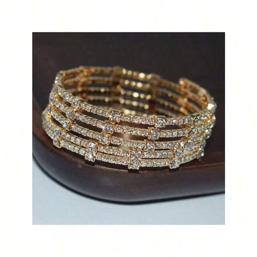 Multi-Layer Fashionable Rhinestone Wrapped Open Cuff Handmade Bracelet For Women - Gold - View 1