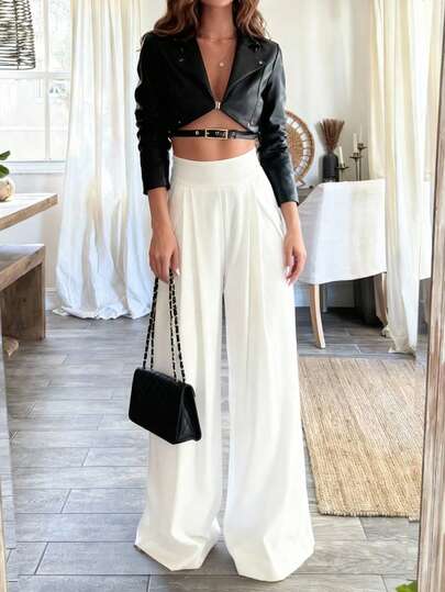 Floreya Solid Color High Waist Wide Leg Pants, Loose Chiffon Culottes, Casual And Elegant For Daily, Holiday, Travel, Spring/Summer