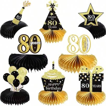 8pcs, 50th Birthday Decoration Honeycomb Center Decoration For Ladies And Gentlemen Dining Table Decoration 60th Birthday Decoration 70th Table Decoration 80th Birthday Party Black And Golden Birthday Honeycomb Decoration Anniversary Party Decoration