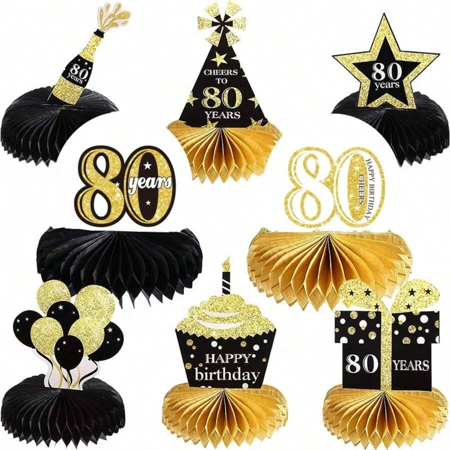 8件套,50岁生日装饰蜂窝中心摆件,男女皆宜,适用于餐桌装饰、60岁生日装饰、70岁生日餐桌装饰、80岁生日派对,黑色和金色生日蜂窝装饰,周年纪念派对装饰 - 8pcs 80th(生日擺飾) - 查看 1