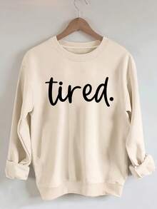 Winter Clothing Sweaters Plus Size Fatigue Print Sweatshirt, Casual Round Neck Long Sleeve Pullover, Suitable For Spring And Autumn, Women's Plus Size Clothing Loose And Comfortable Sweatshirts New Year Outfit Sweatshirts Sweaters - 杏色 - 查看 12