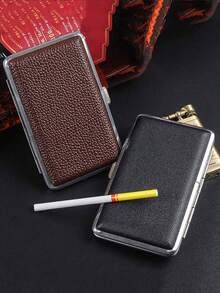 1pc 20-Slot Black Leather Cigarette Case, Portable Premium Crush-Proof Moisture-Proof Automatic Cigarette Box, Unisex - Black - View 2