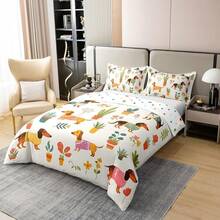 % Cotton Pink Dachshund Comforter Cover, Flower Floral Bedding Set, Kawaii Sausage Dog Duvet Cover, Lovely Puppy Quilt Cover, Soft Comfy, Dachshund Bedding - 淺褐色的 - 查看 3