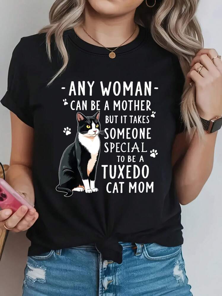 Camiseta de Esmoquin para Hombres y Mujeres - Blusa de Manga Corta con Cuello Redondo y Estampado de Letras con Gatos de Esmoquin y Texto "Sea una Mamá de Gato de Esmoquin", Top Casual de Primavera Verano, Conjunto Lavable a Máquina para Amantes de Mascotas para Atuendos Casuales o Eventos Temáticos - Negro - Añade 6