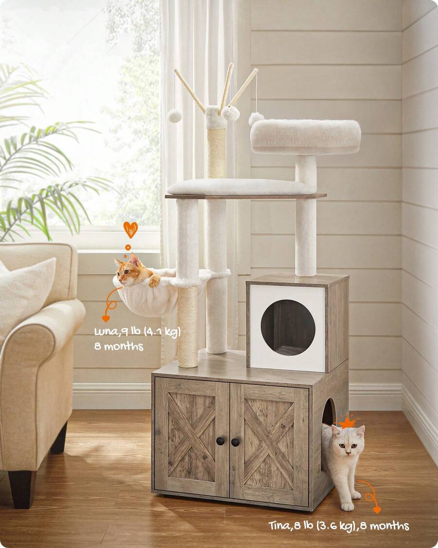 2-In-1 Modern Cat Tower, Cat Condo With Scratching Posts, Removable Pompom Sticks, Washable Cushions, Greige - Light Grey - View 1