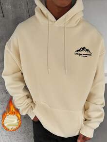 Sudadera con capucha y cordón de bolsillo con estampado minimalista de montaña para hombre, para otoño/invierno - Albaricoque - Ver 3