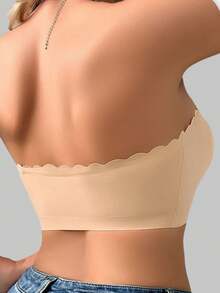女士夏季无肩带文胸，无缝无钢圈，露背设计，弹性荷叶边装饰，舒适无衬垫，适合日常穿着、婚礼、健身、性感场合。