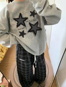 女士休闲宽松星形印花圆领卫衣，适合秋冬季穿着 - 深花灰 - 查看 2