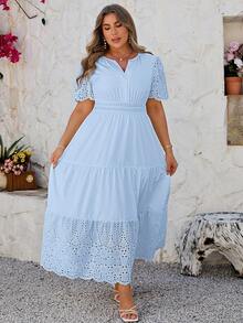 Voworia Plus Size Women's Summer New Solid V-Neck Embroidered Hollow-Out Elegant Dress - Baby Blue - View 8