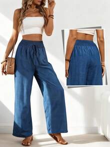 Pantalones casuales de talle alto de pierna recta de unicolor ideales para vacaciones y ocio - Azul Marino - Ver 5