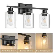 1PC 3-Light Vanity Light Fixtures,Bathroom Wall Lamp, Black Finish Modern Vanity Lamp, Modern Wall Light With Clear Glass Shade And E26 Bulb Base, Wall Lamp Wall Mounted Light For Mirror, Bedroom, Hallway (Bulbs Not Included) - 黑色 - 查看 4