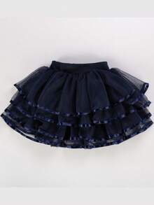 Girl Tutu Skirt Tiered Ruffled Mesh Puffy Drape Hem Bow Elastic Waistband Short Skirt - 藍色 - 查看 2