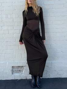 Meidaxexr Rochie elegantă de seară, 1 buc, din material tricotat, cu plasă răsucită, culoare solidă, potrivită pentru întâlniri de seară, sărbători, petreceri de ziua de naștere, ținute de stradă, petreceri de la școală, petreceri pentru celibatari, toamnă/iarnă, neagră, primăvară, elegantă - Negru - Vizualizare 3