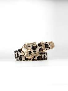 1pc, Leopard Print Belt, Gold Fan-Shaped Buckle Vintage Belt, Women's Structured Belt, American Retro-Inspired Fashion Accessory. - Multicolor - View 8