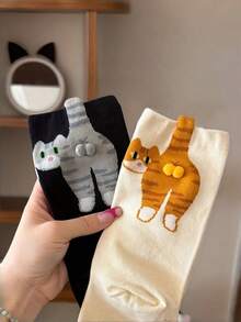 3/2/1 双装男女通用趣味休闲袜，中筒长度，可爱3D老虎猫图案，带靴子、爪子和铃铛项圈，适合居家、外出和约会穿着 - 彩色 - 查看 6
