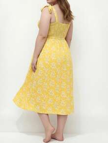 Women's Plus Size Floral Dress Summer Fashionable Smocked Sleeveless Ruffle Hem Long Dress - Yellow - View 7