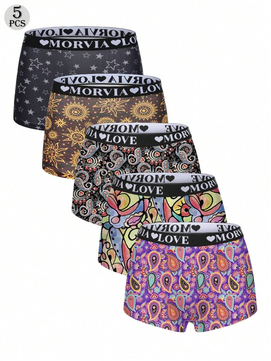 Dircho 5条装女士哥特式印花撞色包边平角内裤，舒适柔软，弹性腰带，女士内衣裤，透气 - 彩色 - 查看 1