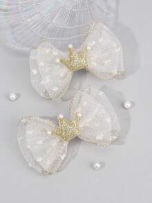 2 piezas Clips de pelo con corona de perlas y malla, adecuados para niñas, diseño de corona dorada, accesorios de pelo lindos, adecuados para todas las estaciones, adecuados para la vida diaria y fiestas de cumpleaños, decoraciones de pelo para adolescentes - Multicolor - Ver 8