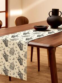 1pc Middle Eastern Ramadan Star & Crescent Lantern Print Linen Table Runner, Suitable For Festivals, Parties, Birthdays, Dinners, Kitchen & Dining Room Decor, Shoe Cabinet & Storage Cover, All Season Home & Textile Decoration - Black and White - View 4