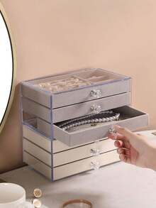 1 件装，3 层，透明，天鹅绒面料，亚克力首饰收纳盒 - 大容量，可收纳耳环、戒指和项链；适合居家和旅行；防褪色加厚抽屉设计（含首饰托盘）；现代风格女士首饰盒；多抽屉首饰收纳盒 - 大容量，可收纳耳环