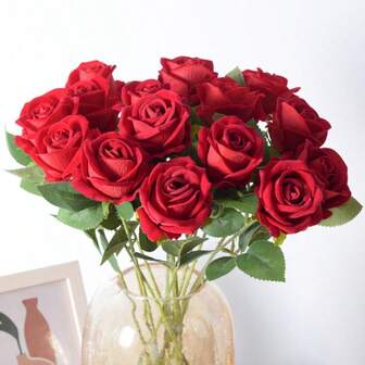 10pcs Realistic Velvet Rose Flowers, Home Desktop Artificial Flower Decor, Wedding Valentine's Day Red Waterfall Flower Wall, Handmade Fake Flower Bouquet