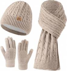 Euuztu Womens Winter Knit Warm Hat Beanie Long Scarf Screen Gloves Set Cold Weather, 3 In 1 Warm Set - 淺褐色的 - 查看 8
