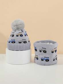 2pcs Set: Y2K Style Jacquard Off-Road Vehicle Pom Pom Knitted Beanie Hat + Scarf, Unisex Outdoor Windproof Warm Casual Winter Hat, Suitable For Commuting