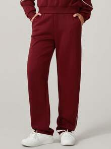 NcmRyu 1件装 女士高腰直筒条纹运动裤，带侧袋 - 酒紅色 - 查看 7