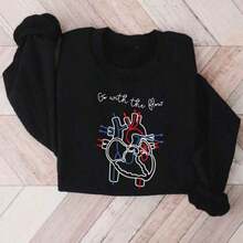 Winter Clothes For Women Christmas Outfit WomenGo With The Flow Sweatshirt, CVICU Nurse Sweater, Cardiology Sweatshirts, Cardiac Nursing Gift, Cardiac Crew Matching Sweaters, Heart Flow Anatomy Sweatshirt, Heart Doctor. SD-2086 Loose And Comfortable Women's Sweatshirts - 黑色 - 查看 1