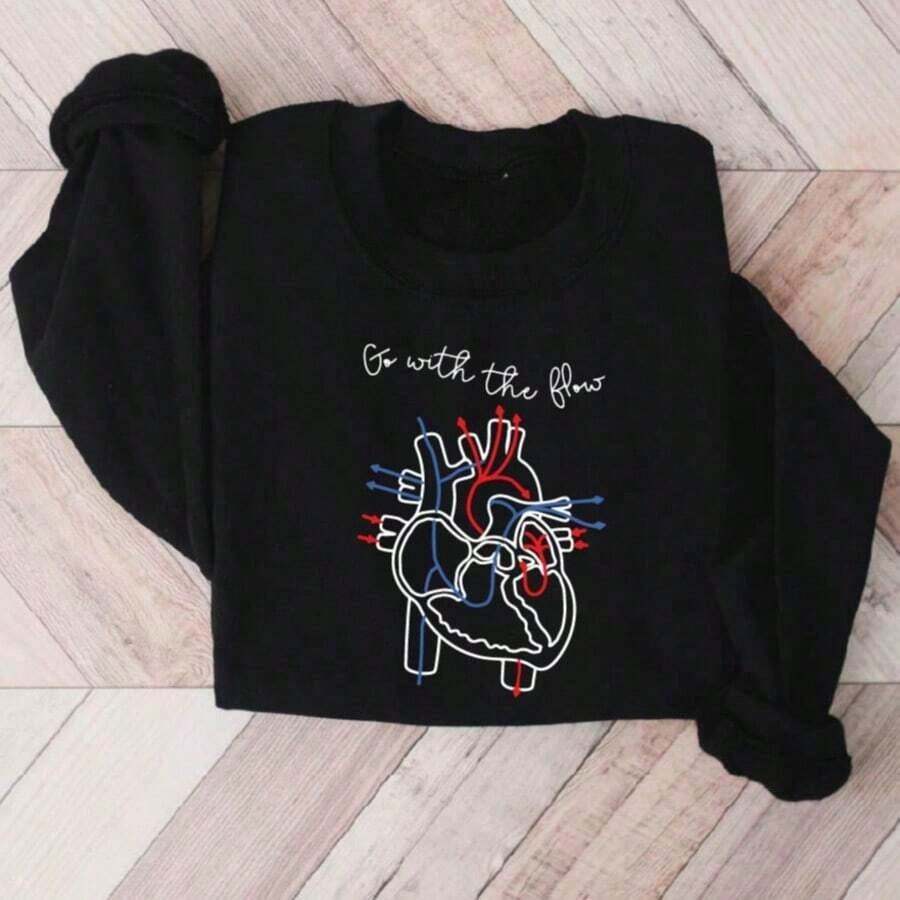 Winter Clothes For Women Christmas Outfit WomenGo With The Flow Sweatshirt, CVICU Nurse Sweater, Cardiology Sweatshirts, Cardiac Nursing Gift, Cardiac Crew Matching Sweaters, Heart Flow Anatomy Sweatshirt, Heart Doctor. SD-2086 Loose And Comfortable Women's Sweatshirts - 黑色 - 查看 1