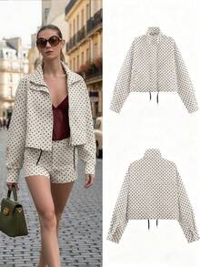 女士复古立领长袖撞色波点抽绳外套，百搭休闲泡泡雪纺街头通勤外套 - 杏色波點 - 查看 1