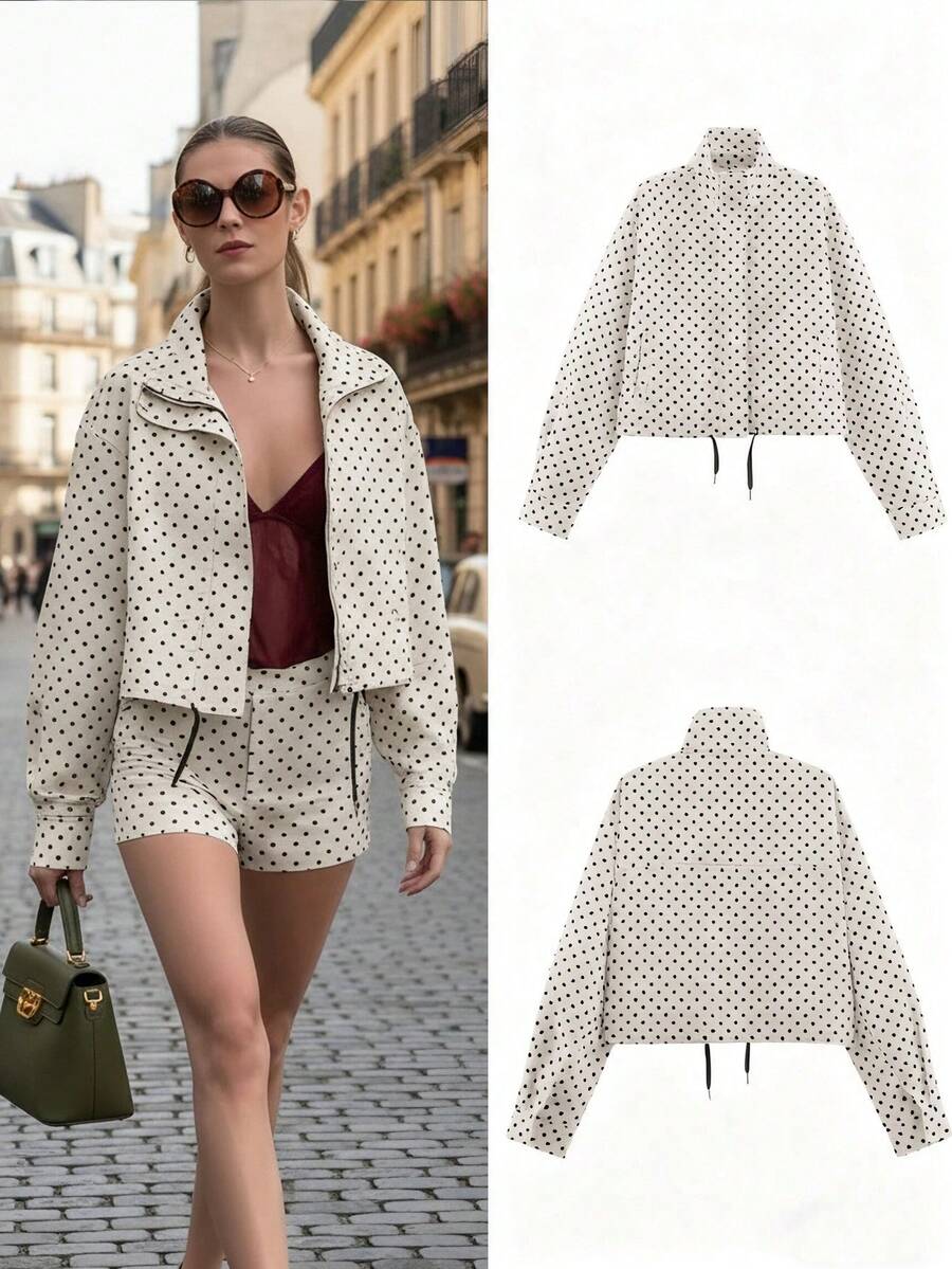 女士复古立领长袖撞色波点抽绳外套，百搭休闲泡泡雪纺街头通勤外套 - 杏色波點 - 查看 1