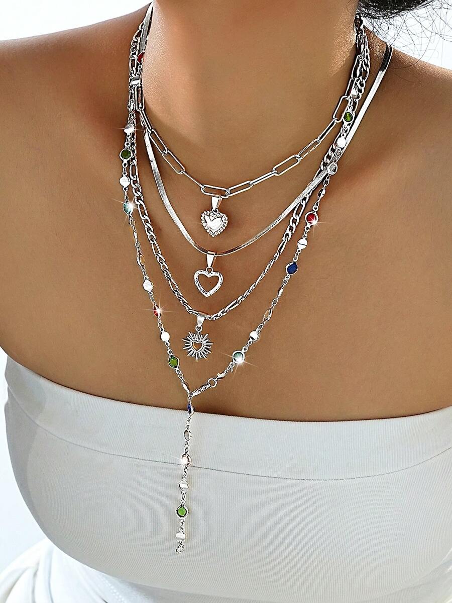 4 piezas Elegante collar en forma de corazón de plata con capas de coloridos rhinestones, regalo perfecto para mujeres en vacaciones, citas, fiestas, bailes, cumpleaños