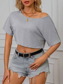AuroraSilk Women's Off-Shoulder Cropped Top, Polyester Blend Off-Shoulder Cropped Tee Shirt - Casual Style, Machine Washable, Solid Color, Suitable For All Seasons - Grey - View 2
