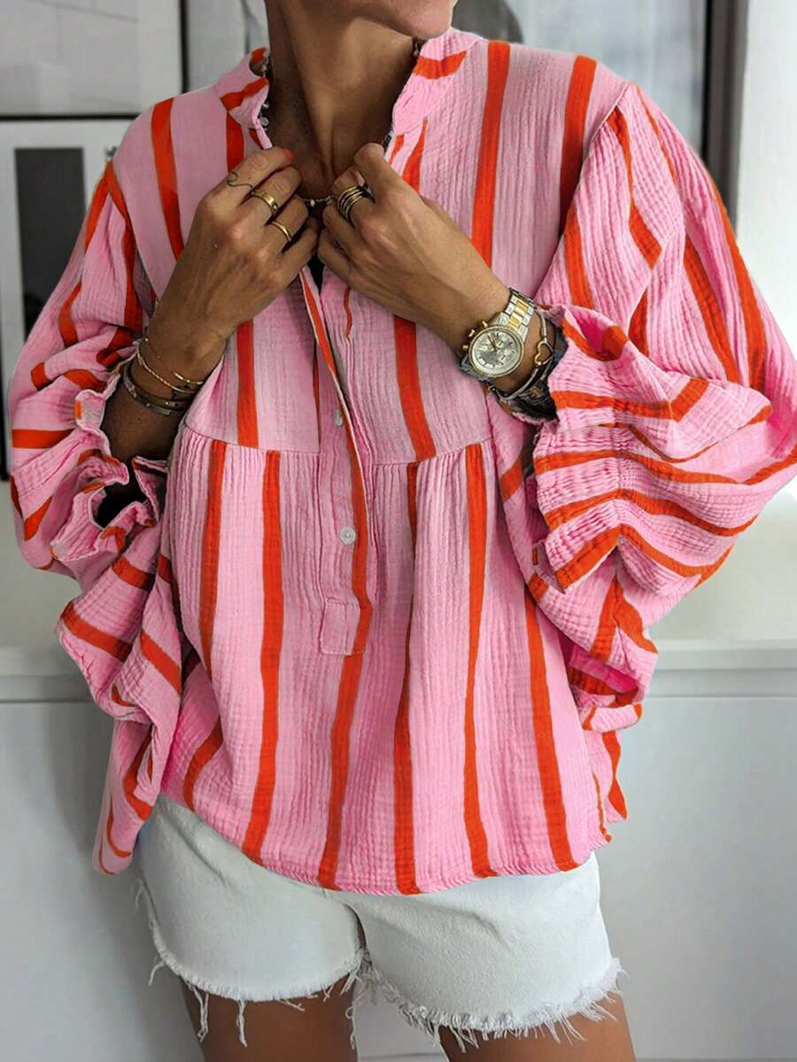 Blusa suelta de mujer a rayas, elegante camisa casual con mangas largas y borde de volantes, adecuada para ir al trabajo, uso diario, citas y salidas en primavera/verano - Rosa - Ver 1
