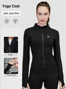 3 Women's Sports Jackets With Thumb Holes, Small Stand Up Collar, Streamlined Zipper Long Sleeved Jacket, Low Impact Yoga Daily Wear - 黑色 - 查看 7