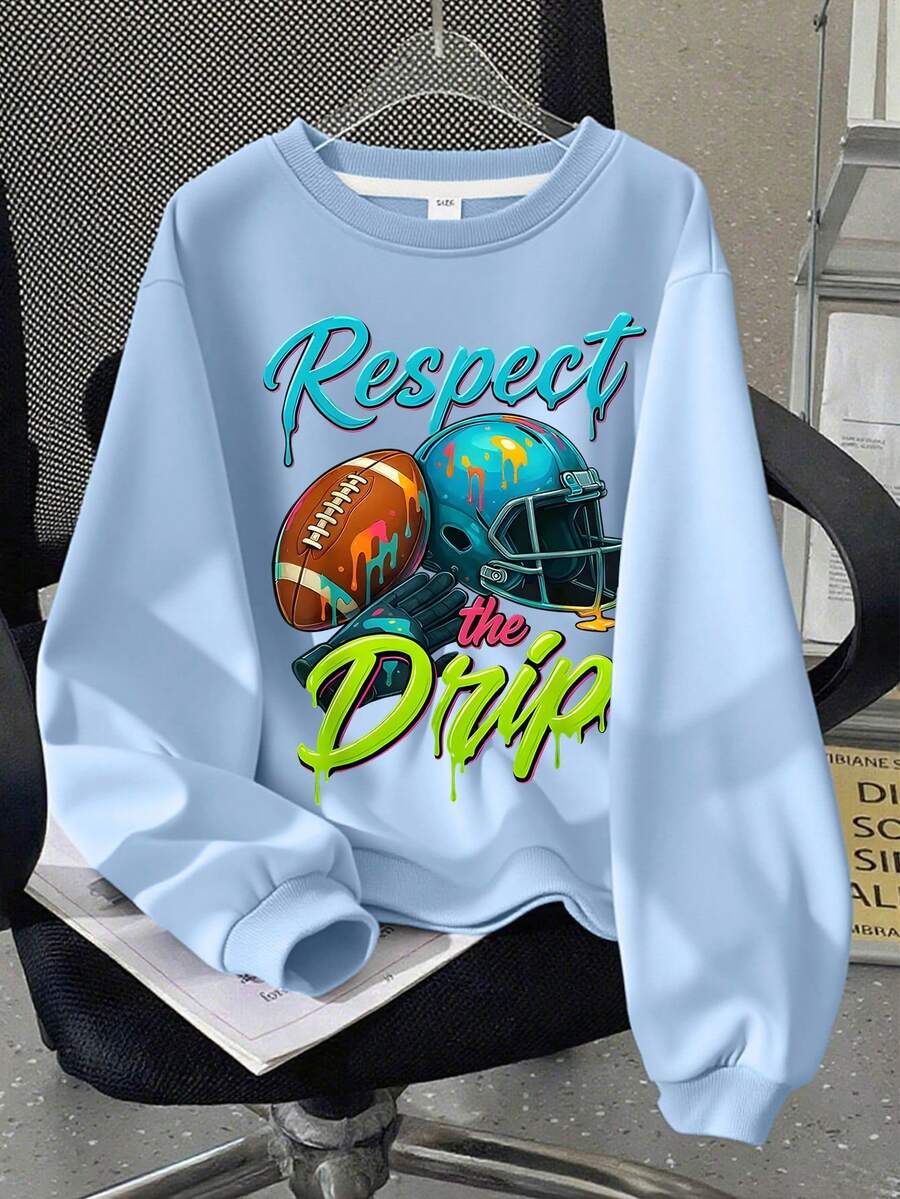 بلوزة رياضية بياقة مستديرة وأكمام طويلة للأولاد المراهقين، بطبعة حرف وطراز رياضي بسيط، ملابس شتوية وخريفية للأطفال - الأزرق - مشاهدة 1