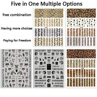 5 st. Julleopard Nagelklistermärken 3D Randiga Nagelklistermärken Självhäftande Baksida Självhäftande Nagelklistermärken