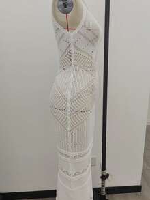 春夏休闲假日风格女式修身婚礼中长蕾丝透视细肩带修身针织连衣裙无袖蕾丝连衣裙 - 白色 - 查看 2