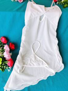 2pcs Women's Sexy Lingerie Set, Mesh Ruched Irregular Camisole Dress/Nightgown With Mesh Thong, Sexy Sweet And Spicy, Semi-Sheer Design, Soft Skin-Friendly Fabric, Shoulder Straps Decorated With Pearl Chain, Suitable For Wedding, Valentine's Day, Romantic Gifts For Couples, Home, Party, Holidays And Outdoor Activities. Women's Lingerie/Sexy Chemise/Sexy Nightgown/Sexy Camisole Dress/Sexy Costume Set - White - View 5