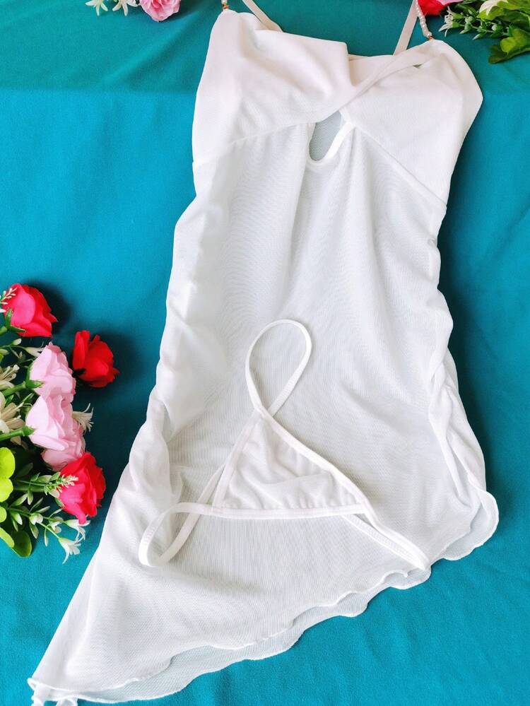 两件套女士性感内衣套装，网纱褶皱不规则吊带裙/睡裙搭配网纱丁字裤，性感甜美又略带火辣，半透明设计，柔软亲肤面料，肩带饰以珍珠链，适合婚礼、情人节、情侣浪漫礼物、居家、派对、节日和户外活动。女士内衣/性感吊带裙/性感睡裙/性感吊带裙/性感套装 - 白色 - 查看 5