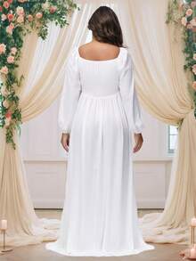 孕妇半透明雪纺灯笼袖 V 领连衣裙侧高开叉摄影礼服适合拍摄婴儿洗礼