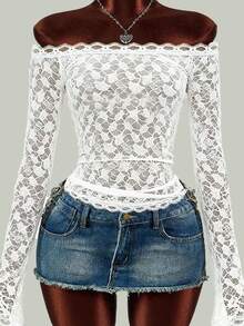 A High-Quality One-Shoulder Top With Lace Patterns, Suitable For Back-To-School Parties, Dates And Ladies' Christmas Outfits In Autumn/Winter - White - View 2