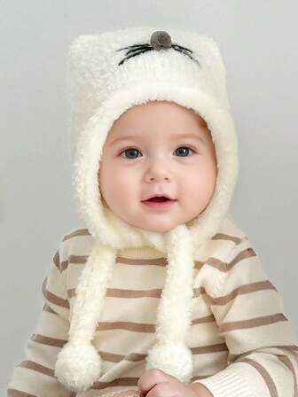 1pc Cute Lamb Plush Thick Warm Ear Protection Windproof Beanie Hat For Baby Boys & Girls, Winter