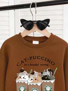 Tween Girl Cartoon Pattern Warm Crew Neck Sweatshirt And Bubble Skirt Set