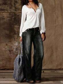 These Relaxed, Loose-Fitting Straight-Leg Jeans For Women Feature Button-Down Detailing And Are Perfect For All Seasons, Perfect For Back-To-School, Concerts, And Holiday Parties. - Black - View 4