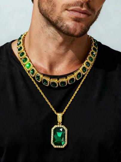 1 件男女通用奢华玻璃水晶吊坠项链，休闲水钻合金链，适合日常佩戴，有红色、白色、蓝色、绿色可选