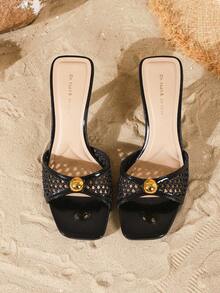 On feet& in love 女士时尚优雅编织方头带凉拖鞋，露趾高跟凉鞋，适合搭配连衣裙 - 黑色 - 查看 6