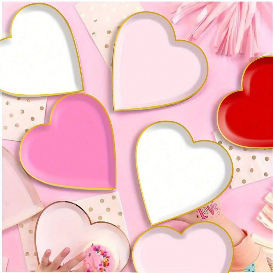 8pcs, Valentines Day Paper Heart Shaped Plate, Pink Red White Heart Plate Decorative, Stamping In Golden, Tableware For Anniversary, Birthday, Wedding Party Supplies Decor (PLATE ONLY) - Multicolor - View 1